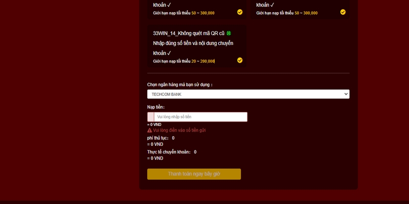 Cách nạp tiền 33WIN qua ngân hàng online